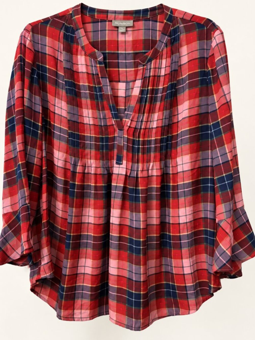 Style & Co. Plaid V-Neck Pintuck Blouse 3/4 Bell Sleeve Red Pink Navy XL NWT